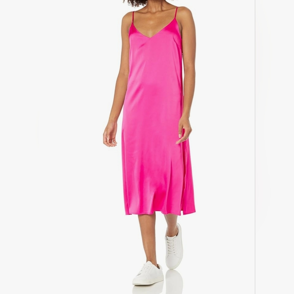 The Drop Ana Slip‎ Dress Hot Pink Satin Midi V-Neck Side Slit XL